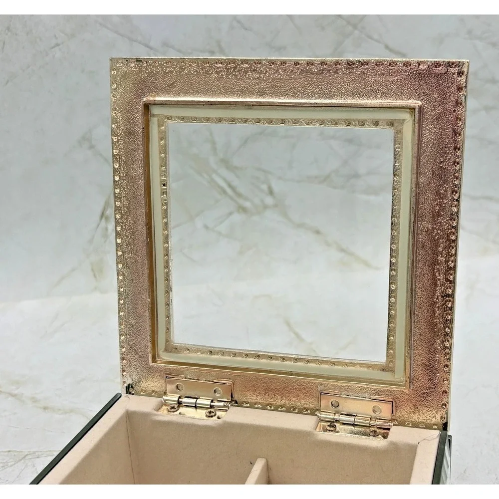 Nicole Miller Hollywood Regency Style Mirrored Trinket Box Seafoam Enamel EUC‎